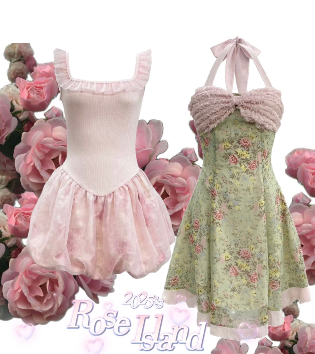 Two dresses with floral designs on a background of pink roses, featuring a promotional offer.
