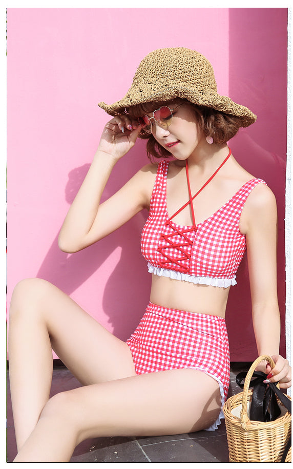 Get trendy with Genki Strawberry Gingham Bikini Set High Waist -  available at Peiliee Shop. Grab yours for $26 today!