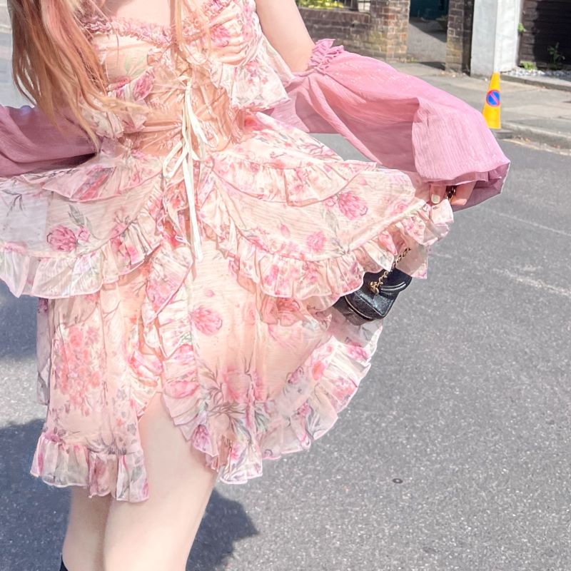 [Arilf SS22] Summer Juicy Peach Gentle Floral Dress - Premium Dresses from Arilf - Just $45.00! Shop now at Peiliee Shop