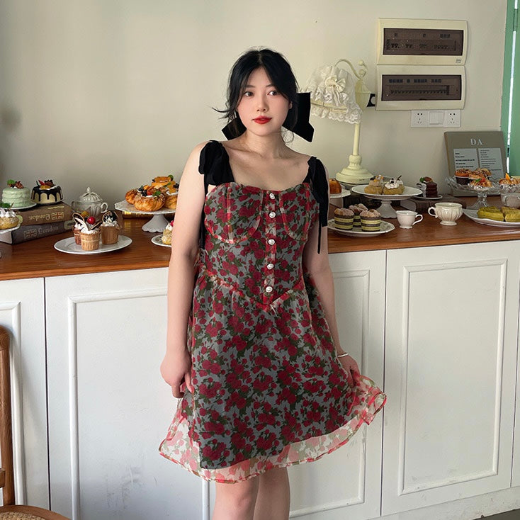 [Curve Beauty] Rose In Spring Midnight Mini Floral Dress - Premium Dresses from DAJUN - Just $36.80! Shop now at Peiliee Shop