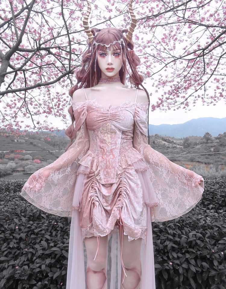 Get trendy with Sakura Dream Velvet Corset Top With Sleeves - Shirts & Tops available at Peiliee Shop. Grab yours for $55 today!