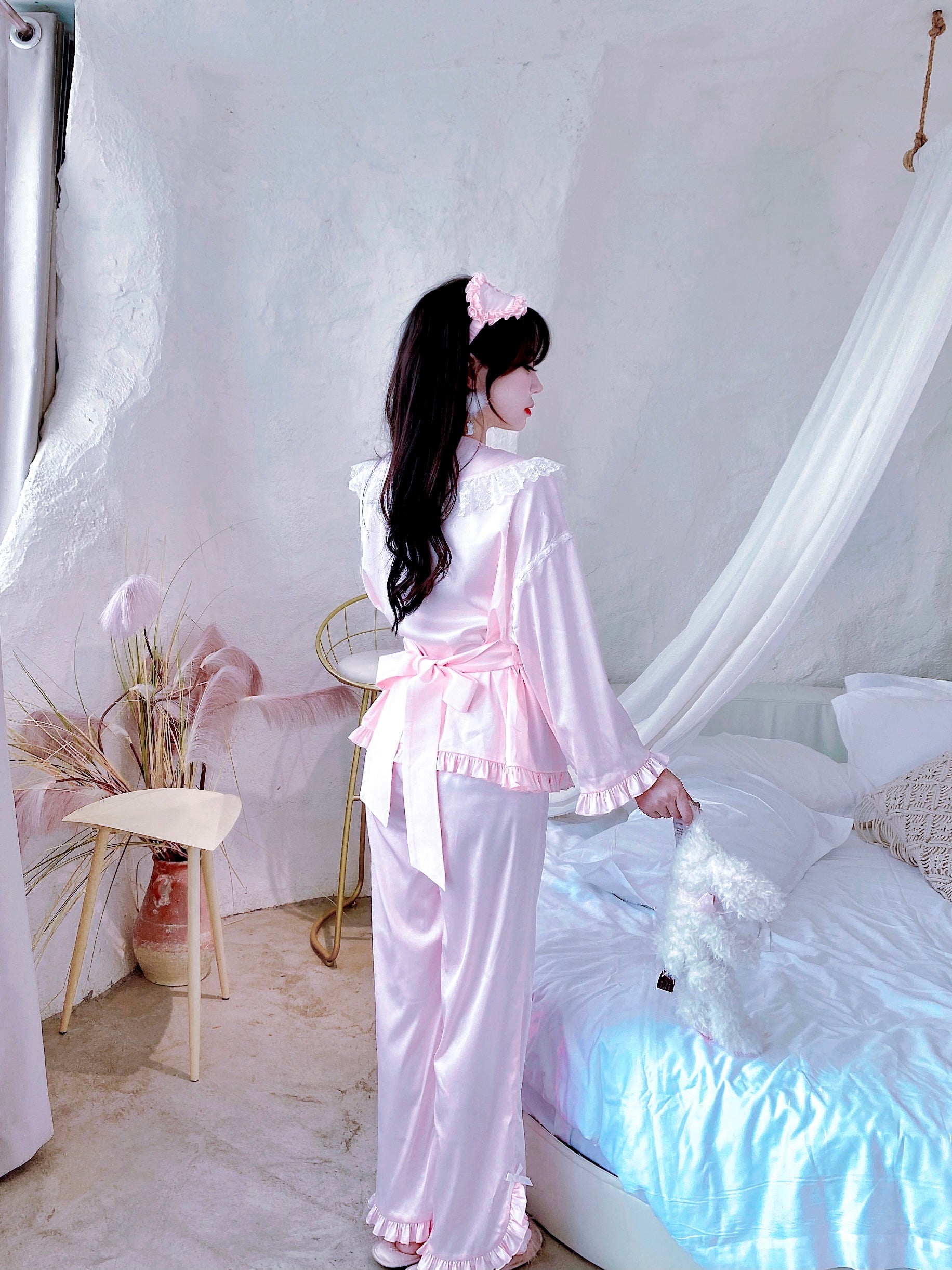 Get trendy with Angelic Rosé Satin Lounge wear set -  available at Peiliee Shop. Grab yours for $12 today!
