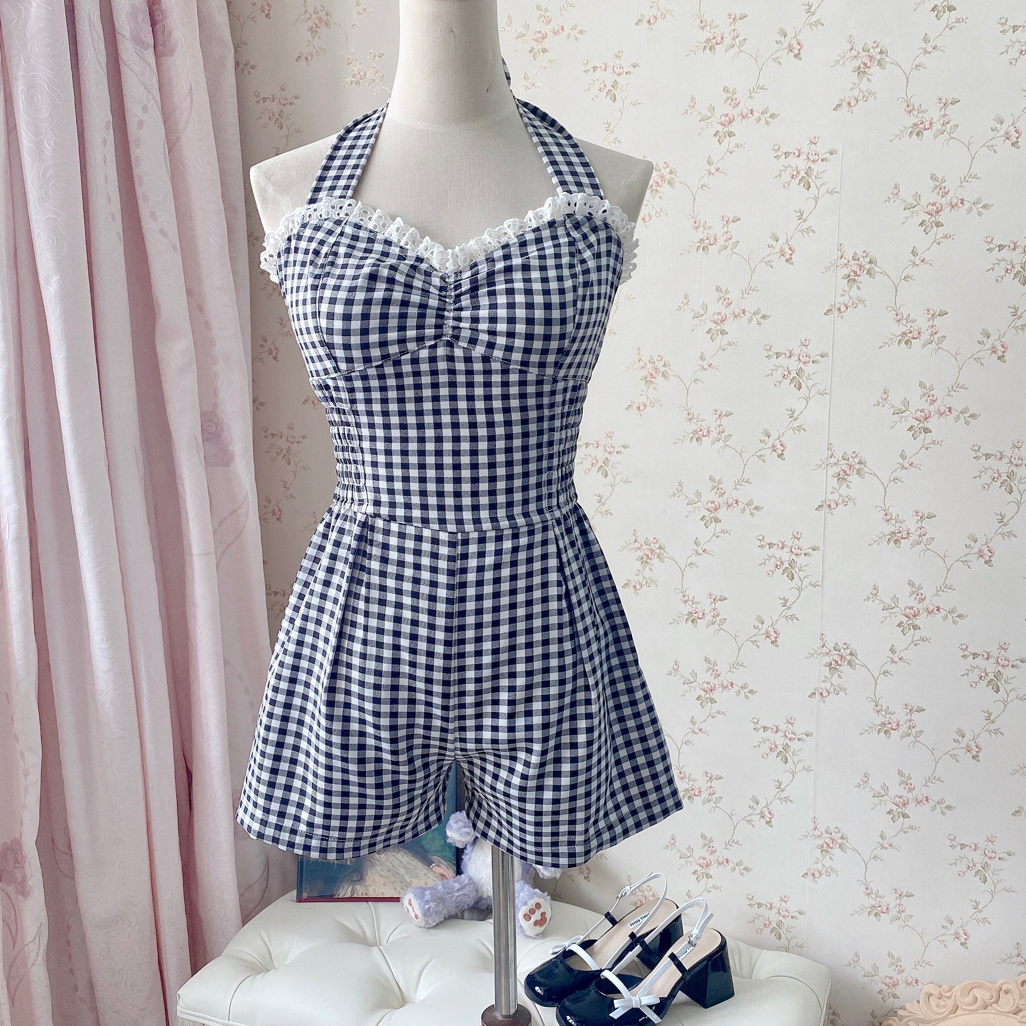 Get trendy with [Customized All Sizes] Sweet Sailor Gingham Babydoll Jumpsuit / dress -  available at Peiliee Shop. Grab yours for $59.90 today!