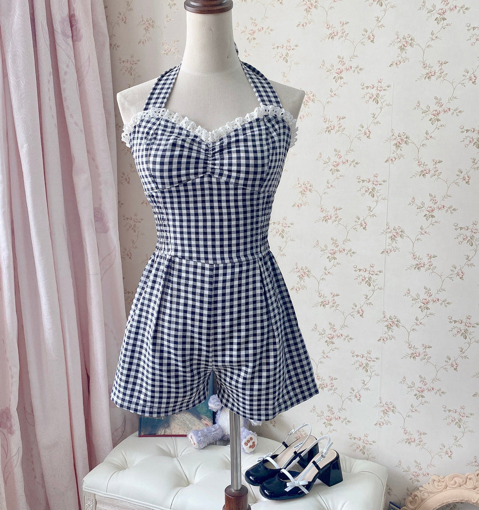 Get trendy with [Customized All Sizes] Sweet Sailor Gingham Babydoll Jumpsuit / dress -  available at Peiliee Shop. Grab yours for $59.90 today!