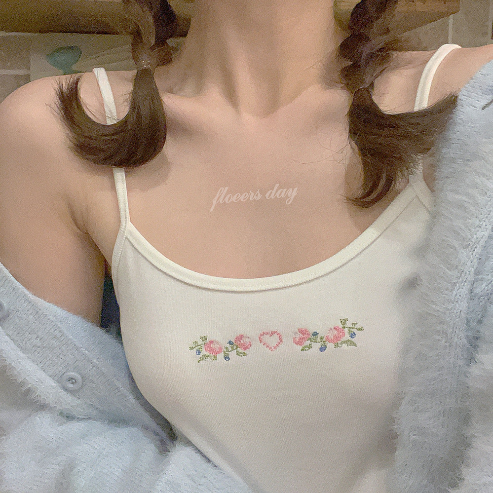 Get trendy with [Basic] Rose Romance Floral Embroidered Vest Top - Shirts & Tops available at Peiliee Shop. Grab yours for $16 today!