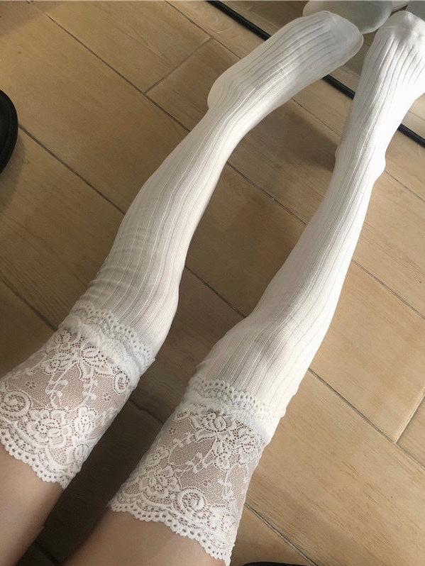 Get trendy with [Basic] Angelic Cloud Lace Cotton Over-knee socks - Stocking available at Peiliee Shop. Grab yours for $7.90 today!