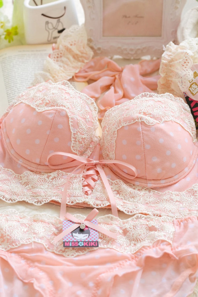 Get trendy with (Curve size included) Peach Bae Soft Pink Dots Bra Set [Premium Selected Japanese Brand] -  available at Peiliee Shop. Grab yours for $49.90 today!