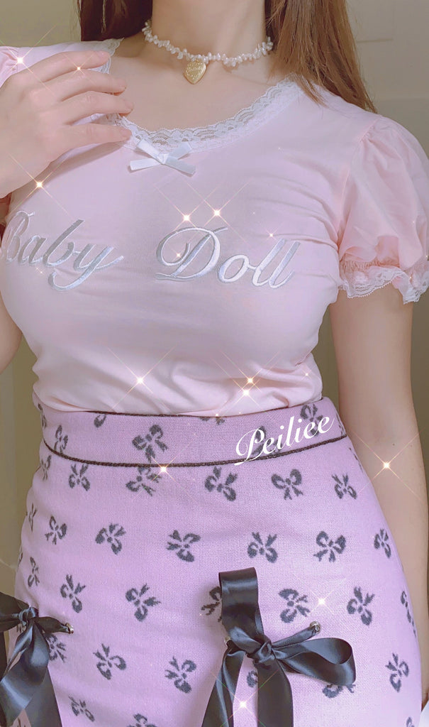 [Exclusive to PeilieeShop] Sweet Doll Pastel Pink Double Ribbon Mini Skirt - Premium  from Peiliee Shop - Just $28.00! Shop now at Peiliee Shop