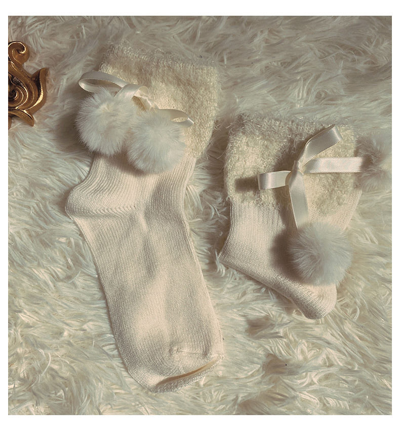 [3 pairs set] Neutral Christmas Faux Fur Pom Pom Socks - Premium  from Peiliee Shop - Just $19.90! Shop now at Peiliee Shop
