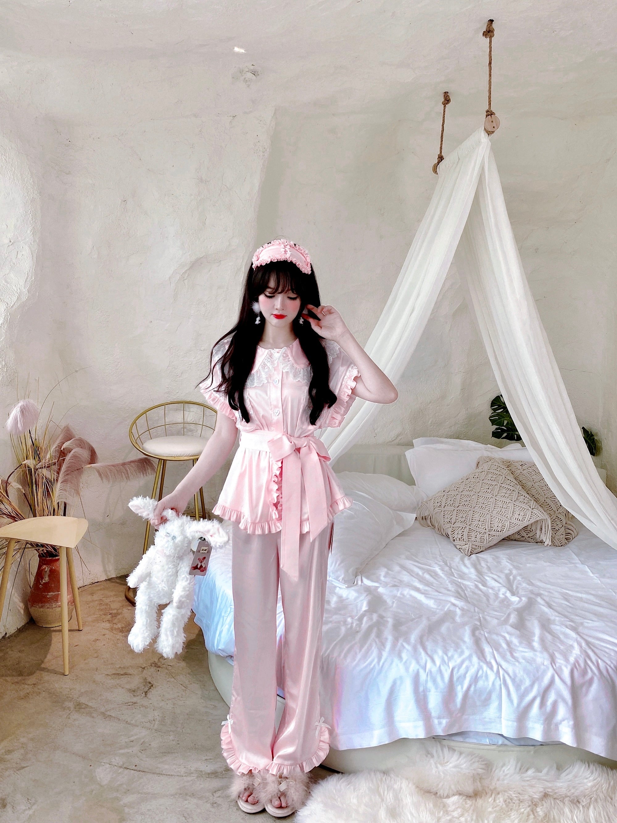Get trendy with Angelic Rosé Satin Lounge wear set -  available at Peiliee Shop. Grab yours for $12 today!