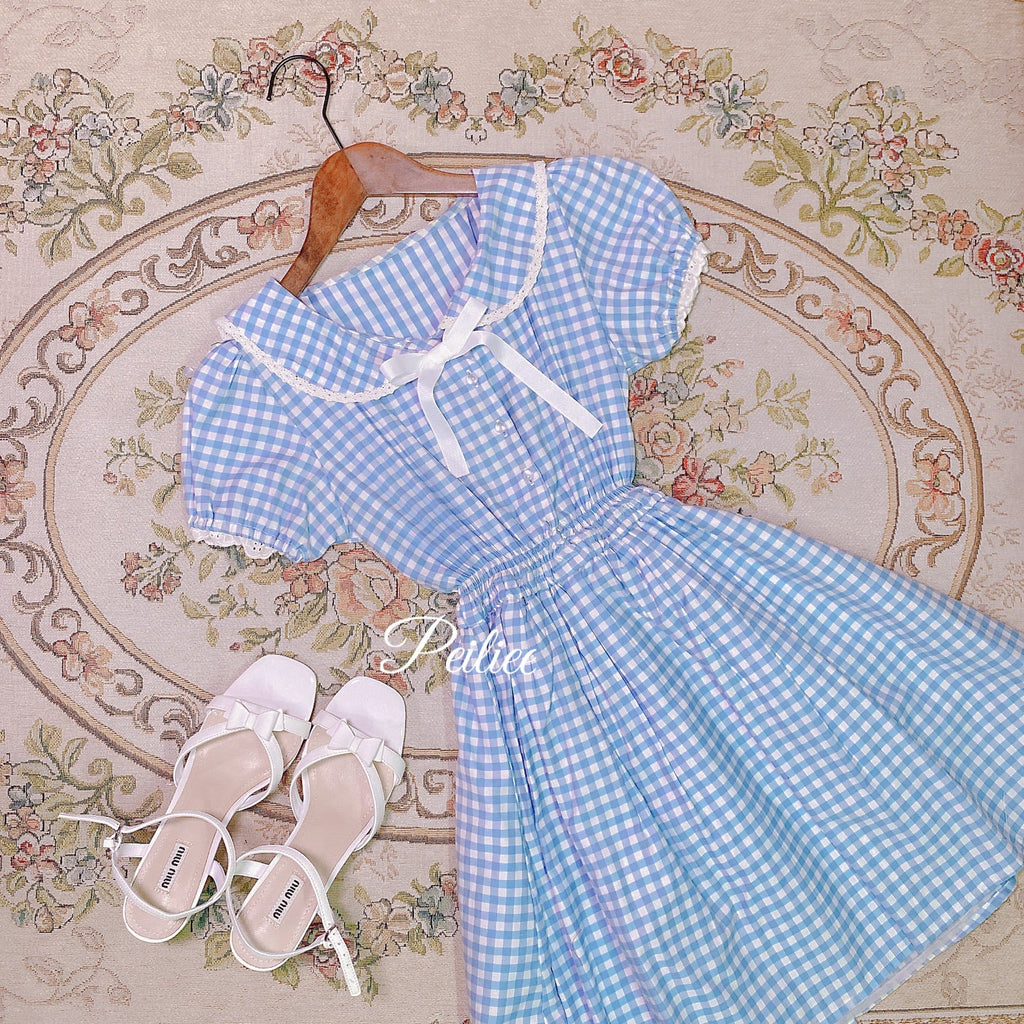 Get trendy with [Customized] Cloud Sailor Blue Gingham Babydoll Dress -  available at Peiliee Shop. Grab yours for $49.90 today!
