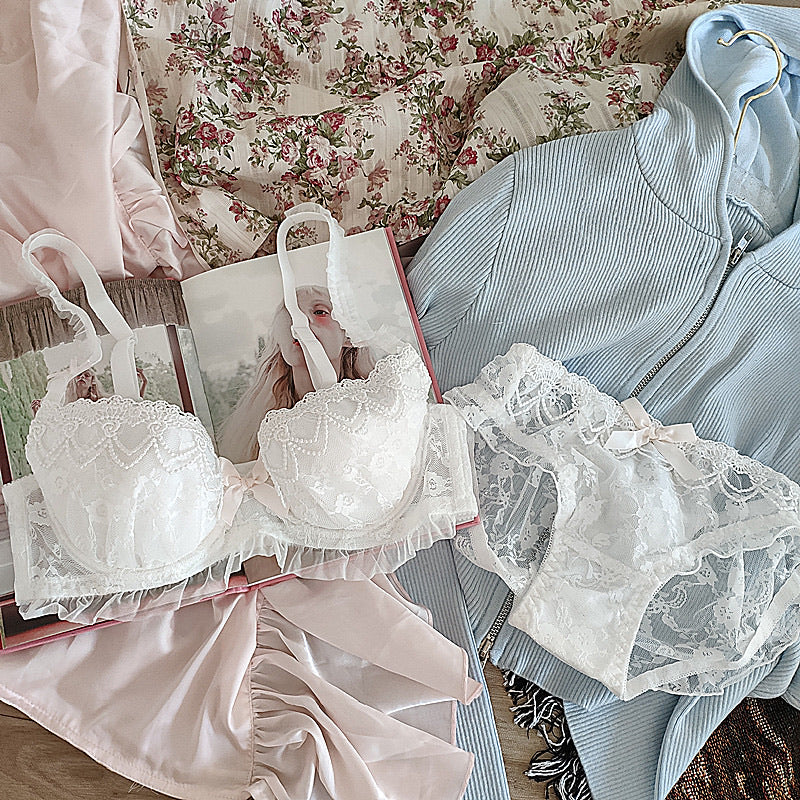 Young Girl Japanese Cute Lolita Wedding Lace Bra & Brief Sets Women's  Ruffle Push Up Underwire Underwear Set Bra And Panty Set