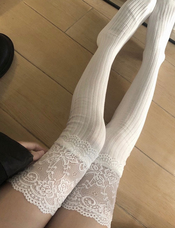 Get trendy with [Basic] Angelic Cloud Lace Cotton Over-knee socks - Stocking available at Peiliee Shop. Grab yours for $7.90 today!