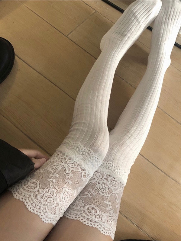 Get trendy with [Basic] Angelic Cloud Lace Cotton Over-knee socks - Stocking available at Peiliee Shop. Grab yours for $7.90 today!