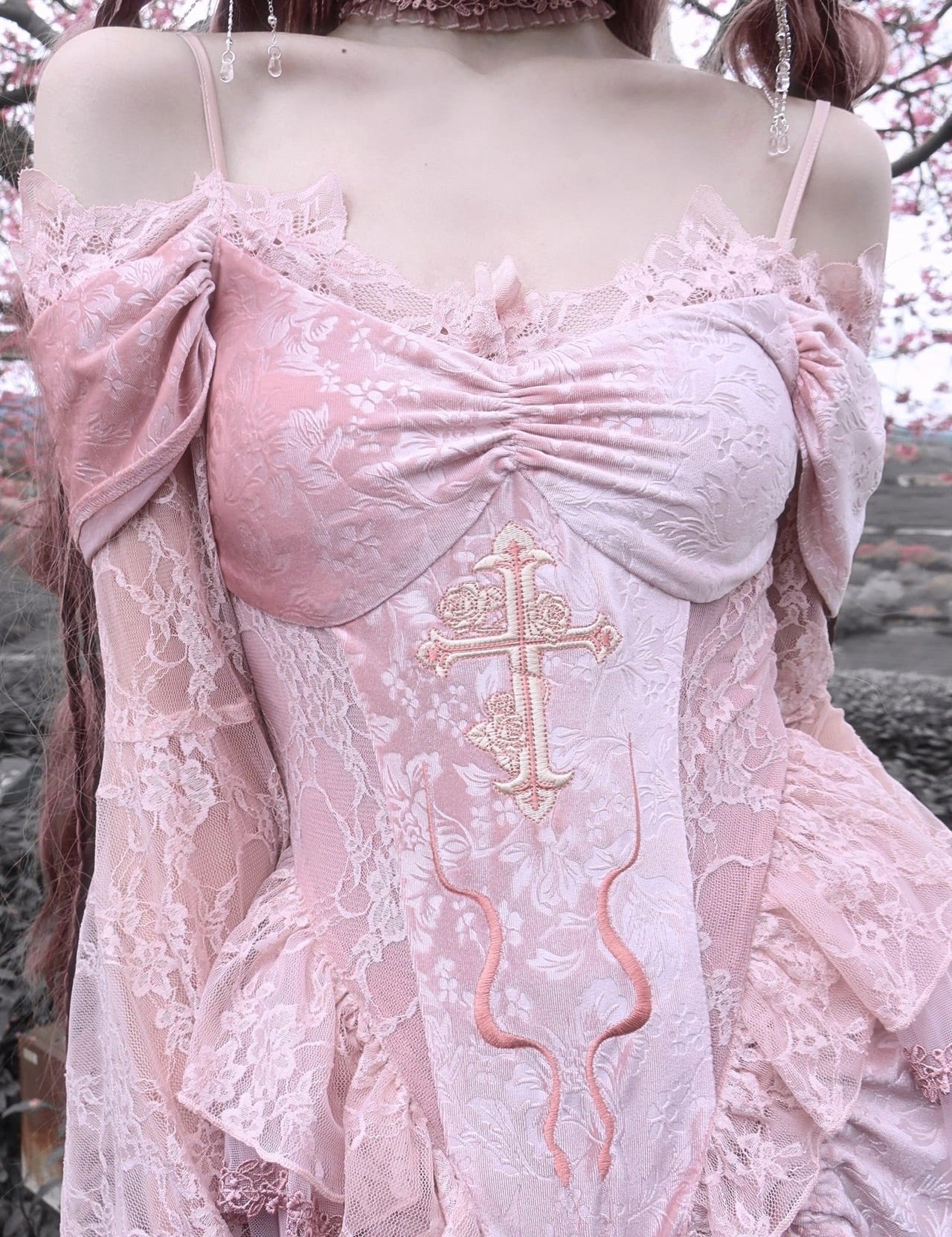 Get trendy with Sakura Dream Velvet Corset Top With Sleeves - Shirts & Tops available at Peiliee Shop. Grab yours for $55 today!