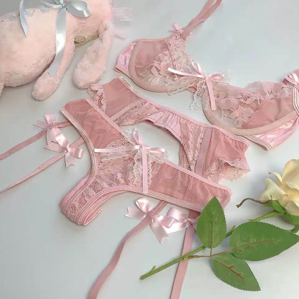 3PCS Women Sexy Lingerie Flowers Lace Bra Garter Belt Underwear