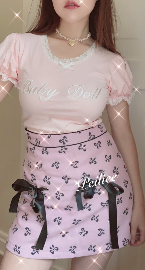 [Exclusive to PeilieeShop] Sweet Doll Pastel Pink Double Ribbon Mini Skirt - Premium  from Peiliee Shop - Just $28.00! Shop now at Peiliee Shop