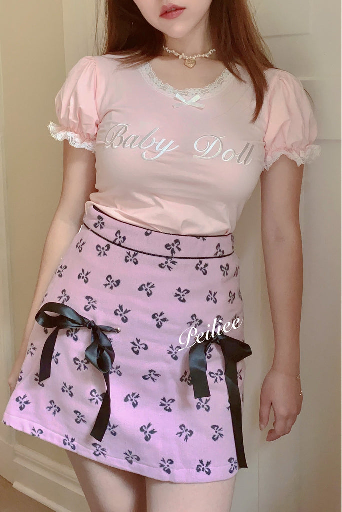 Get trendy with [Exclusive to PeilieeShop] Sweet Doll Pastel Pink Double Ribbon Mini Skirt -  available at Peiliee Shop. Grab yours for $28 today!