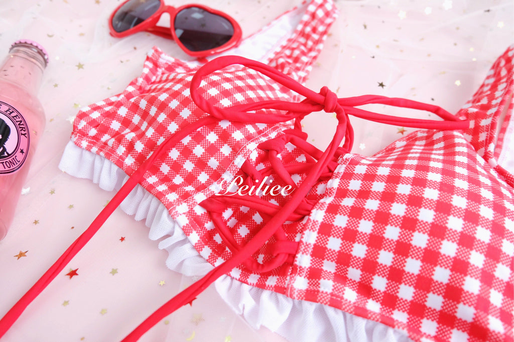 Genki Strawberry Gingham Bikini Set High Waist - Premium  from Japanese Lingerie - Just $26.00! Shop now at Peiliee Shop