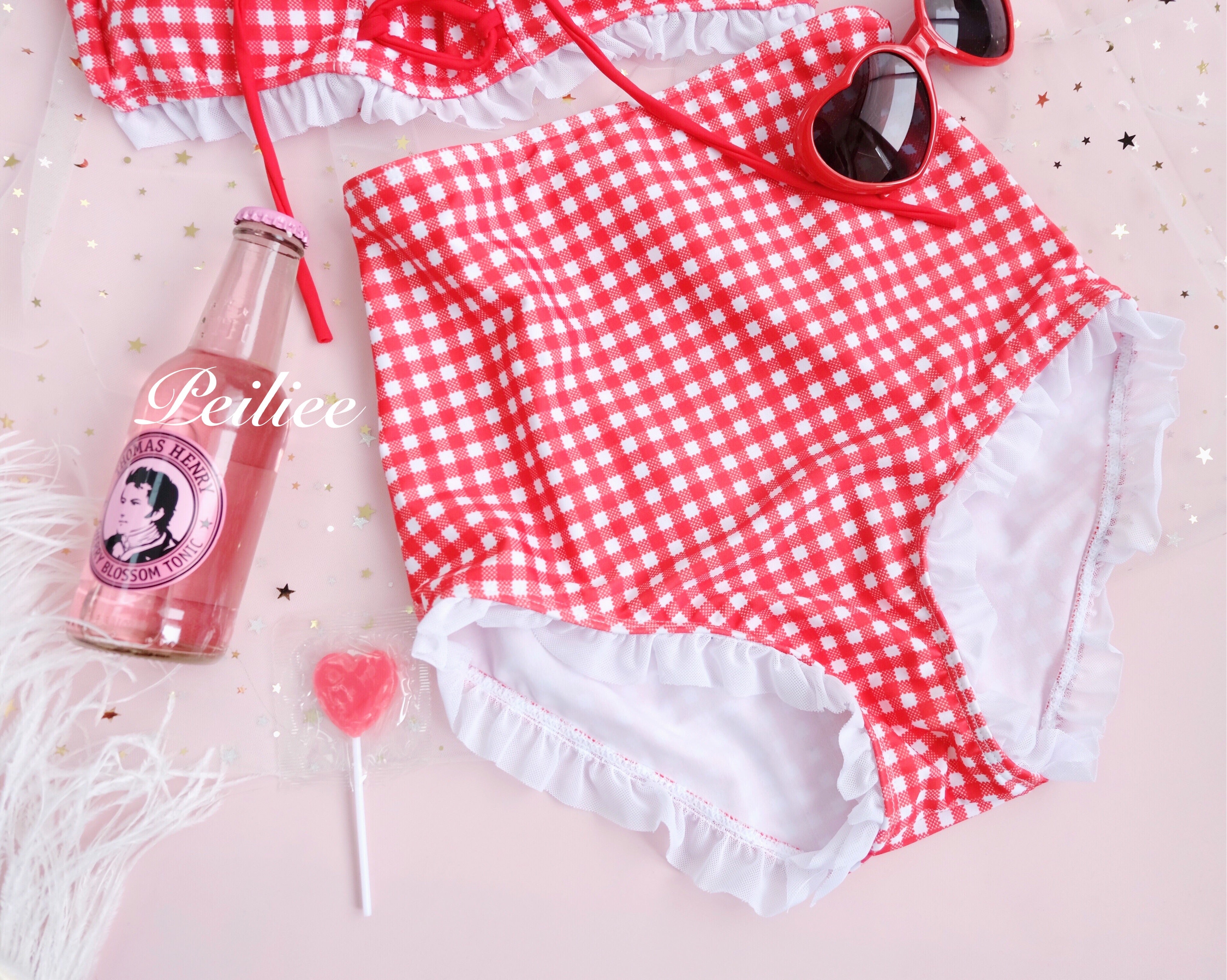 Monki bralette in pink gingham strawberry print